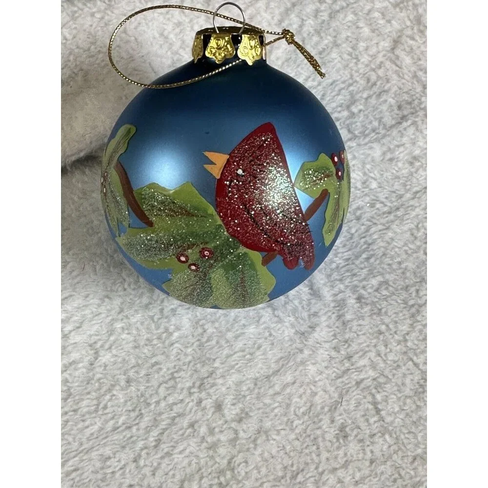 Hand‎ painted Glass Christmas Ornament Red Cardinal Holly Berries Artist Vintage